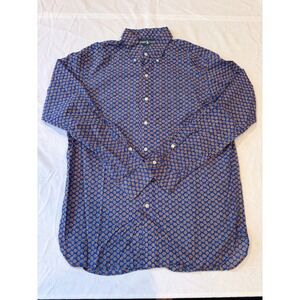 RALPH LAUREN Men's Large Blue Orange Floral Print Cotton Long Sleeve Button Down